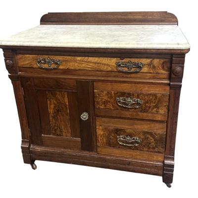 Sale Photo Thumbnail #189: Antique Eastlake Washstand / Dry Sink with carrera marble top. Measures 30 3/4"x18"x 30 1/2" tall