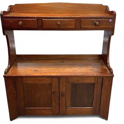 Sale Photo Thumbnail #177: Antique American Cherry High Back Dry Sink. Measures 47.5"x42"x16"