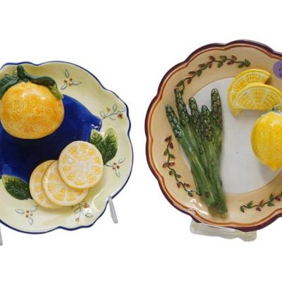 Sale Photo Thumbnail #80: Pair of Bella Casa by Ganz Decorative Trompe L'Oeil Plates. Asparagus & Lemons. Each 8"x8"x2.75"
