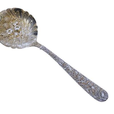 Sale Photo Thumbnail #165: Antique Sterling Silver Kirk Spoon Damask Rose Serving Berry Fruit Spoon 9.25" Approximate silver weight 116 grams. Provenance: Gippy Plantation, Avenue of Oaks, Berkeley County, SC.