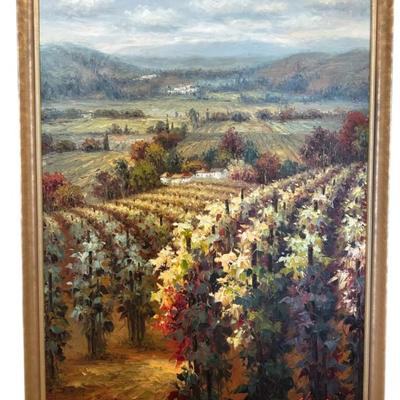 Sale Photo Thumbnail #171: Large Tuscan Vineyard Oil on Canvas. Signed by signature illegible. Professionally framed in gilt wood frame. 33 1/2 wide"x 43" tall x 1 1/2" deep. 