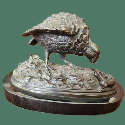 Sale Photo Thumbnail #43: A good French Bronze Partridge with Lizard by Jules Moigniez (1835-1894). Partridge on moorland inspecting a lizard at close quarters. French animalier/modelier Jules Moigniez was renowned for his detailed bronzes of animals and especially birds. Mounted 
