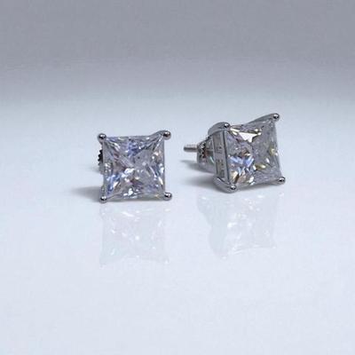 Sale Photo Thumbnail #166: 6 ct princess cut D color VVS moissanite stud earings set in sterling with screw back posts.