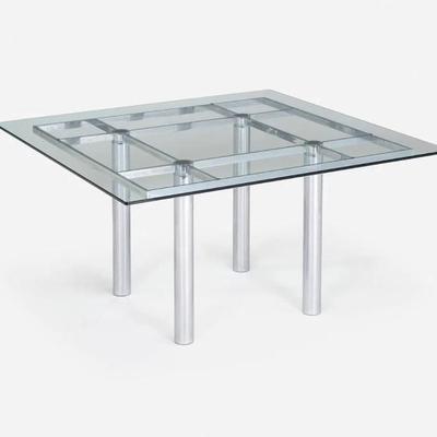 Sale Photo Thumbnail #11: Tobia Scarpa for Gavina Italy Postmodern vintage chrome and glass top dining or conference table, called the "Andre" table. The frame of the top slides in an 'x' shape into the four cylindrical chrome legs. The bars in the frame which do that create a geo