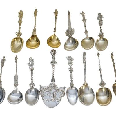 Sale Photo Thumbnail #100: All are Antique English and Dutch Figural Silver Serving Spoons. Tallest is 8 1/4". Weight on all 2 bs 4 oz. PROVENANCE: The Perrin family, of French Huguenot origin, of Abbeville, Perrin Plantation and Cotton Level Plantation.