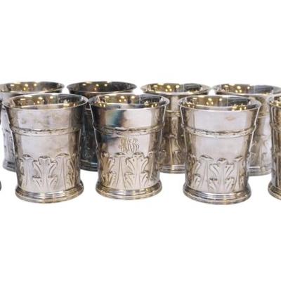 Sale Photo Thumbnail #15: 9 Very scarce and hard to find set of Metropolitan Museum Reproduction Silverplate Late 17th Century Pound in New England Cups. Based on a 17th century pewter design, made in the 1970s by Gorham for the Metropolitan.Museum. Each 3"x3 1/2". Weight on all 3