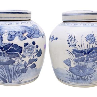 Sale Photo Thumbnail #149: 2 Large Antique Chinese Blue and White Ginger Jars. Each 8'x8"x10", Weight combined 12 lbs