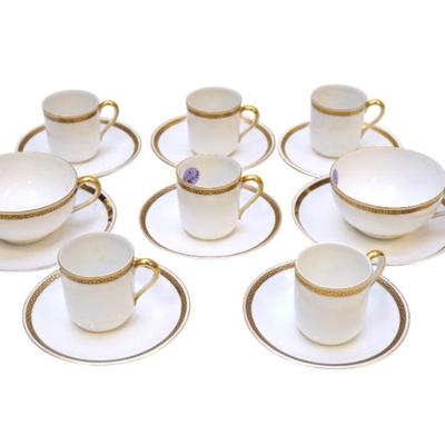 Sale Photo Thumbnail #109: Sixteen (16) Pieces of Antique 1921 Noritake The Crete China. The Elegant Pattern features Black Greek Key On Gold Band, Gold Trim. 6 Demitasse Cups and 6 Saucers and 2 Flat cups and 2 Saucers. 