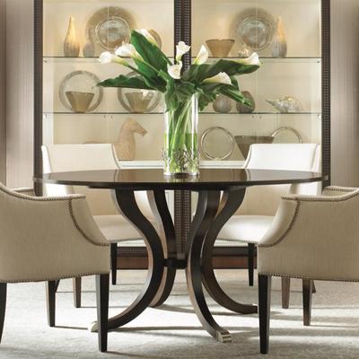 Sale Photo Thumbnail #157: The Century Tribeca Round Dining Table blends timeless design with refined craftsmanship. Made from maple solids and American walnut veneers, it features intricate details like diamond-faceted framing, soft hammered silver hardware, and carved saber legs 