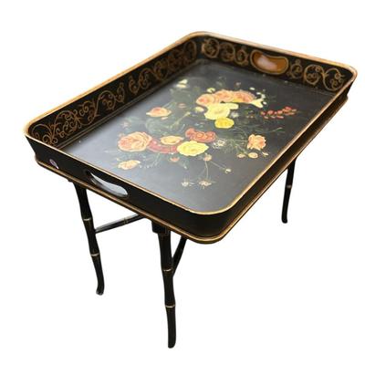 Sale Photo Thumbnail #106: Vintage Hand Painted Florals & Scrolls Tole Tray Table on Faux Bamboo Stand. 26 1/2"x19 1/2"x23".