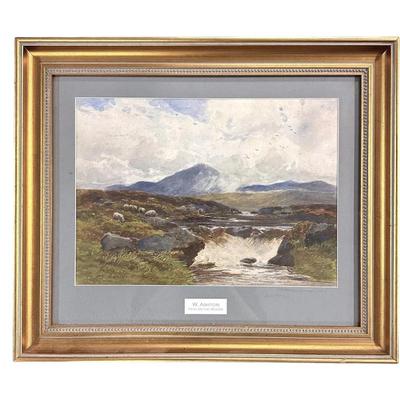 Sale Photo Thumbnail #67: William Ashton (1853-1927) Original Watercolor "High on the Moors" with grazinf sheep and waterfall. Professionally framed in elegant gilt wood frame. In Frame measures 21.25" x 18", weighs 5 lbs 4 oz. Provenance: Gippy Plantation, Avenue of Oaks, Berkele