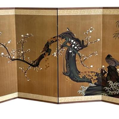 Sale Photo Thumbnail #14: Antique Japanese Plum & Pheasant Hand Painted Large Table Top Screen. Purchased in Tokyo Japan, Measures Each Panel 17"x36". 
