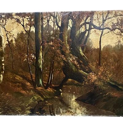 Sale Photo Thumbnail #98: C. Smit (Dutch, early 20th c.) Original Oil Landscape. Unframed measures 35" x 27" x 2", weighs 5 lbs 9 oz. Provenance: Gippy Plantation, Avenue of Oaks, Berkeley County, SC. Originally purchased at Neals Auction , New Orleans.