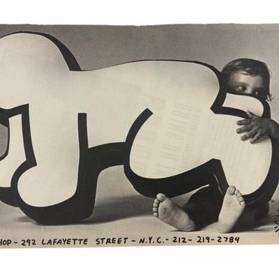 Sale Photo Thumbnail #143: Keith Haring signed 1985 advertisement for his Pop Shop in New York. Marker signed on edge. Pop Shop Offset newsprint advertisement from Interview magazine. Hand-signed and dated by the artist in black marker. In good condition with light age toning. Meas