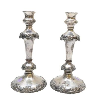 Sale Photo Thumbnail #82: Antique Silver on Copper English Ornate Weighted Candlesticks. Motto Non Nobis Solum. Each 5"x5"x10.5". Weight combined 4 lbs 10 oz. PROVENANCE: Willtown Plantation, Willtown Bluff, Adams Run SC