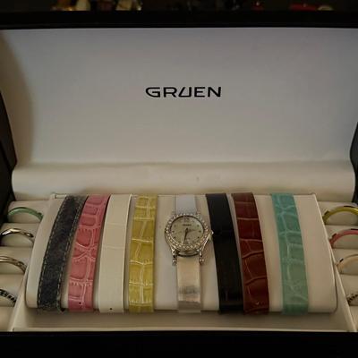 Lot 432: Gruen Women’s Quartz Watch Gift Set – Interchangeable Straps & Bezels in Box