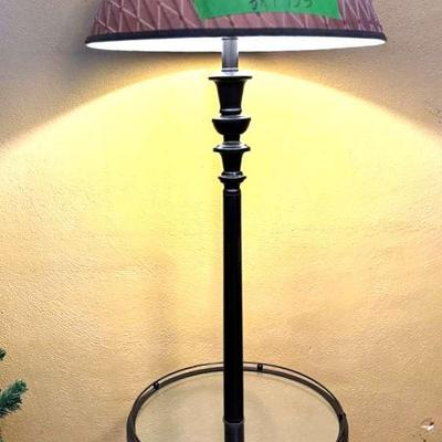 Lot 133:  Vintage Black Metal Floor Lamp with Built-In Glass Side Table & Textured Shade
