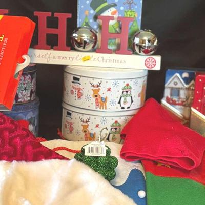 Lot 138:  Christmas Tree Skirt, Large Flannel Gift Bags, Seven Tins, Decor
