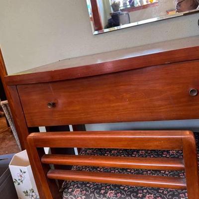 Lot 152:  Mid-Century Modern Vanity / Deskwith Mirror And Chair– Curved Front, Wood Finish