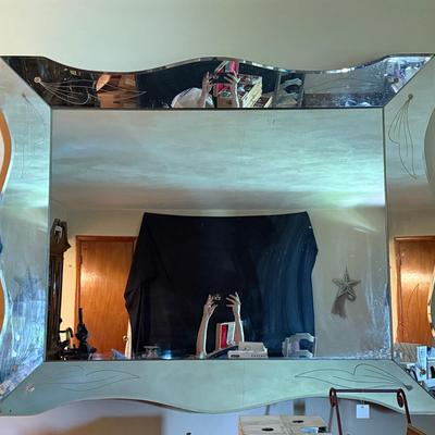 Lot 404: Vintage Wall Mirror – Beveled Edge with Etched Floral Design, 47” x 50”