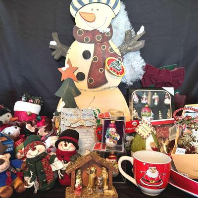 Lot 122: 36” Wooden Santa, Glass Ornaments, Mini Snowmen & Moose, Tree Decor, All In Christmas Tote