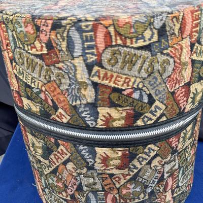 Lot 504: Vintage Round Tapestry Hat Box – Travel Motif, 1960s-70s Train Case