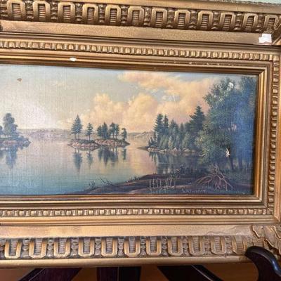 Lot 158:  Antique Landscape Oil Painting on Board – Signed L.W. Frinice, Ornate Gilt Frame