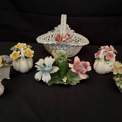 Lot 446: Lot of 7 Italian Porcelain Flower Figurines – Baskets, Swans & Floral Arrangements