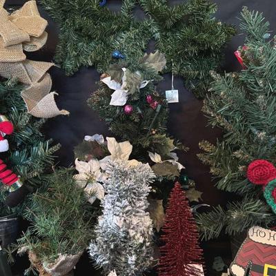 Lot 117:  Three Pre lit Christmas Trees (25”), Swag , Smaller Trees, Decorating Items &Wire