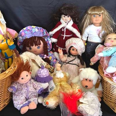 Lot 114:  Vintage Dolls And Furry Friends In Two Wicker Baskets