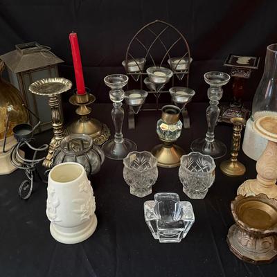 Lot 403: Lot of Assorted Candle Holders, Votive Cups & Decorative Stands – Glass, Brass, Ceramic & M