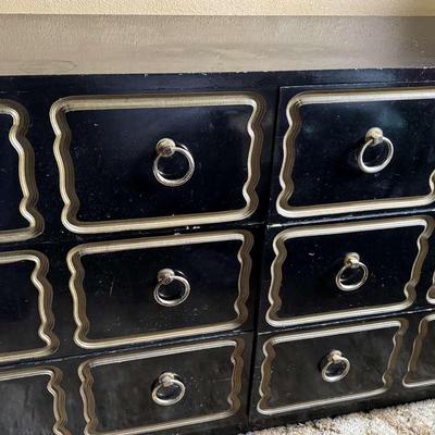 Lot 112: Vintage Hollywood Regency Black Lacquer Dresser with Gold Trim & Ring Pulls