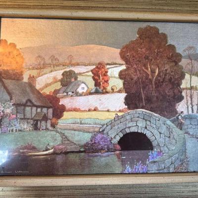 Lot 155: Vintage English Countryside Print – Cottage & Stone Bridge Scene (Signed)