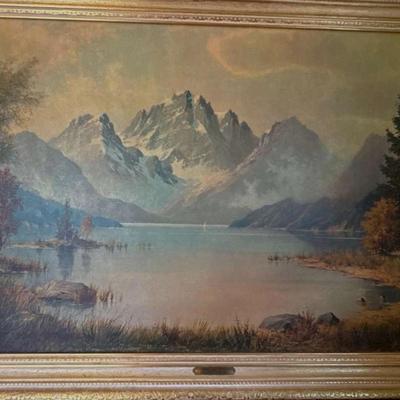 Lot 156:  “Morning Mist”-Vintage Framed Mountain Landscape Print – Snow-Capped Peaks & Lake 