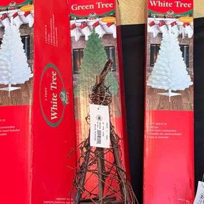 Lot 132:  6’ Christmas Tree, Two 3’ White Trees, One 3’Green Tree, Two Brown Twig Trees