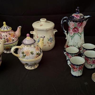 Lot 418: Lot of Decorative Floral Teapots, Tea Set, and Serving Piece