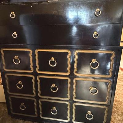 Lot101: Vintage Hollywood Regency Black Lacquer Dresser with Brass Ring Pulls