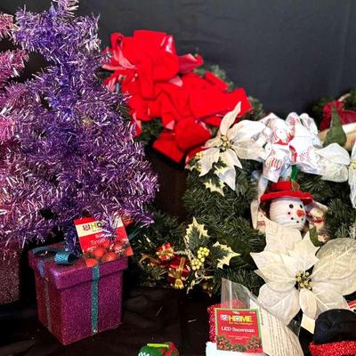 Lot 137:  Three 24” Purple Tinsel Trees, LED Snowmen, Wreaths !
