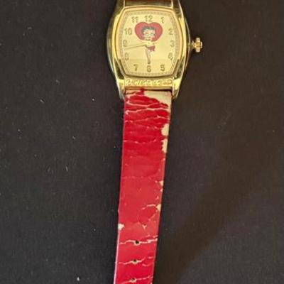 Lot 421: 2003 Betty Boop Red Strap Wristwatch – Cowgirl Design, Gold-Tone Case And Mr. Peanut Watch