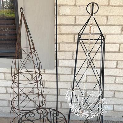 Plant stand, topiaries and hanging basket lot - all metal 