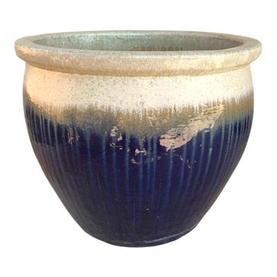 Large Blue & Cream outdoor pot - solid pottery (heavy)