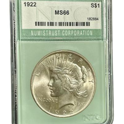 18) 1922 $1 Peace Dollar MS-66 NTC Graded