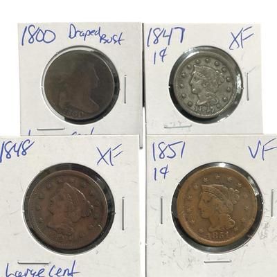 17) Four Large Cents 1800, 1847, 1848, 1851