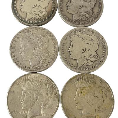 3) Six Mixed Silver Dollars, 4 Morgan’s, 2 Peace