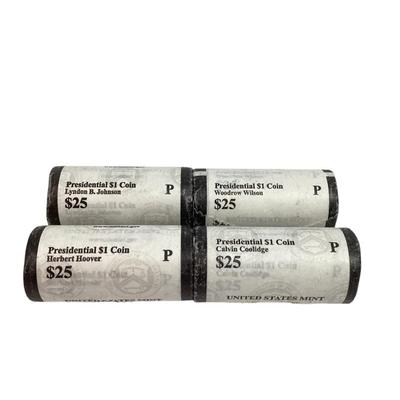 101) Four $25 US Mint Uncirculated Rolls Presidential Dollars, All “P” Mint