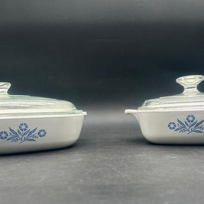Two Covered Corning Ware Casserole Dishes