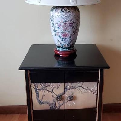 Asian Style Cabinet And Floral Lamp