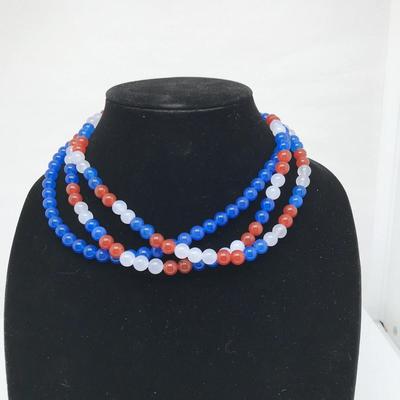 Red White And Blue Fourth Of July Necklace Set Adjustable Length Round Beads