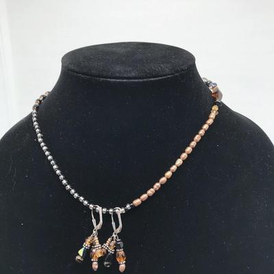 Earth Toned Jewelry Set with Sterling Clasp Beaded Necklace and Dangle Earrings