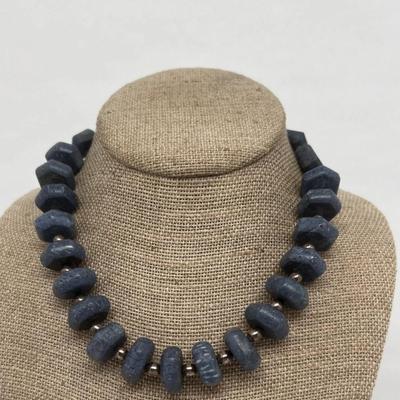 Chunky Blue Grey Stone Necklace with Silver Tone Beads and a Toggle Clasp 14 Inches